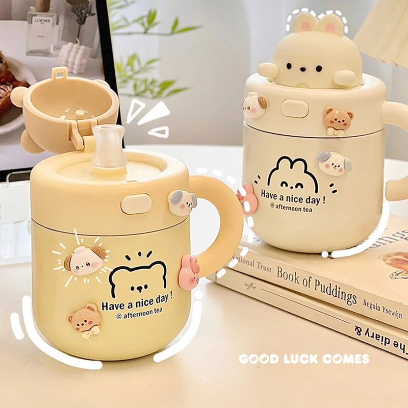 Kawaii Bear Coffee Thermal Cup Insulated Tumbler For Hot Cold Drinks Water Tea Thermos Mug Stainless Steel Cup With Straw Lid - Bakyat Store