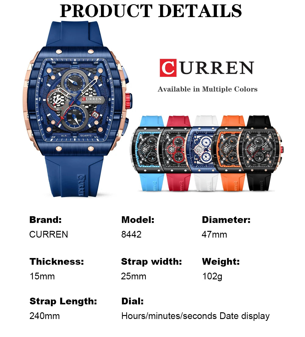 CURREN Sport Chronograph Quartz Watch for Men Fashion Blue Silicone Strap Tonneau Dial Wristwatch with Date 3atm Waterproof - Bakyat Store