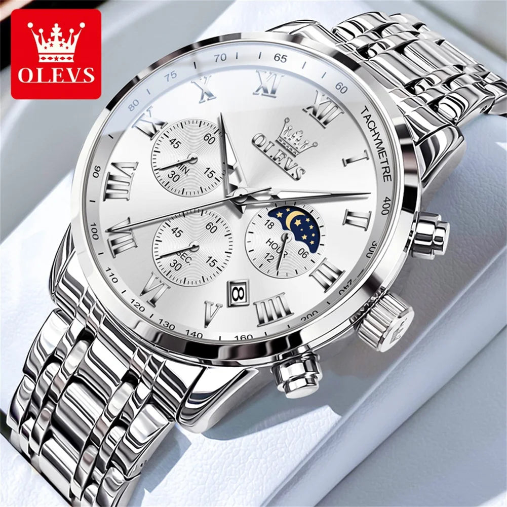 OLEVS 5529 Top Luxury Brand Men's Watch Waterproof Luminous Stainless Steel Lunar Phase Timing Code Watch New Quartz Men's Watch - Bakyat Store