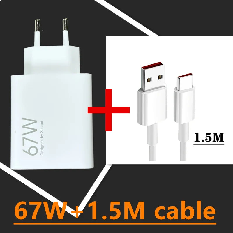 Xiaomi Charger 67W EU Fast Charge Power Adapter 6A Type C Cable For Xiaomi 12 11 POCO X5 X4 Pro Redmi Note 9 10 11 Pro - Bakyat Store