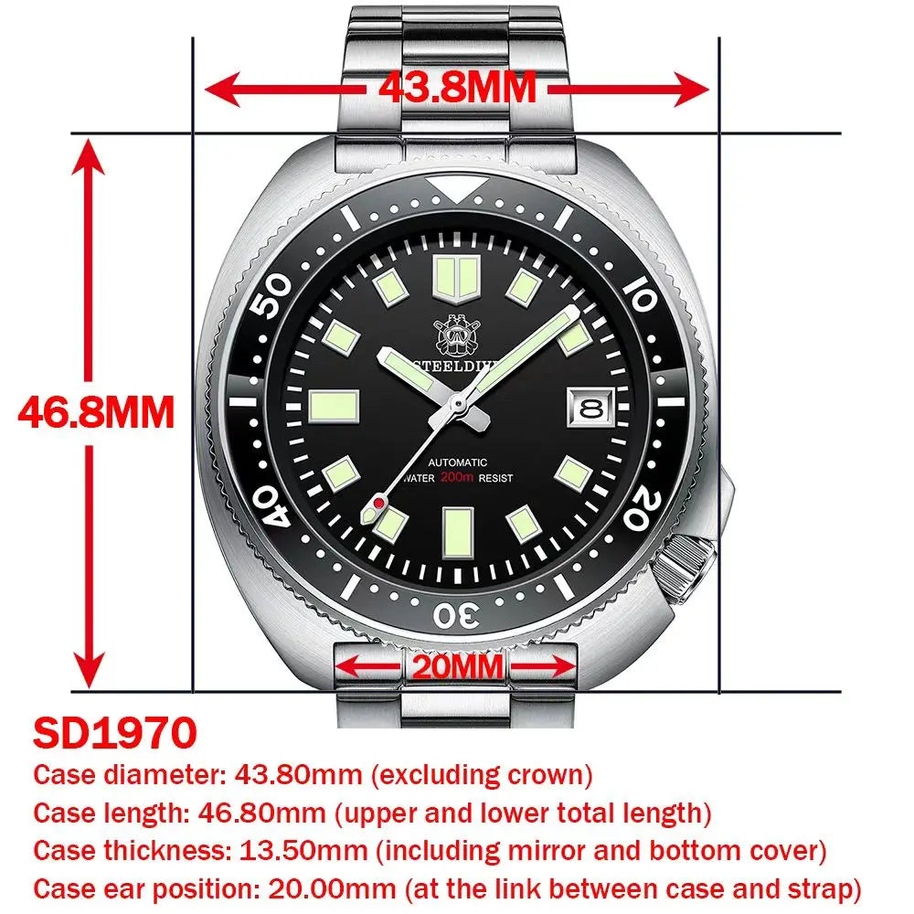 Steeldive SD1970 White Date Background 200M Wateproof NH35 6105 Turtle Automatic Dive Diver Watch - Bakyat Store