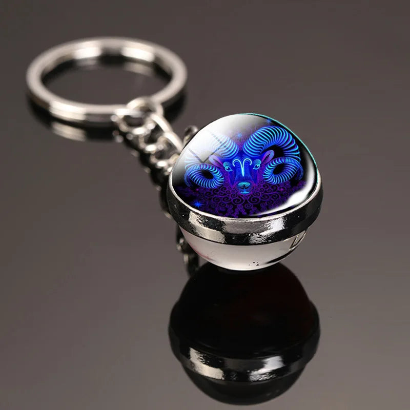 Creative 12 Constellation Key Ring Time Stone Double-Sided Glass Ball Metal Keychain - Bakyat Store