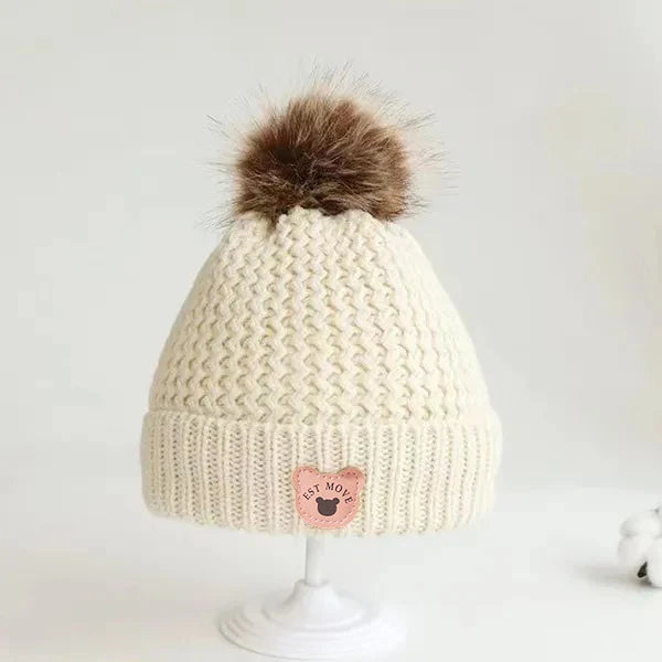 Plush Lining Baby Winter Hat Pompom Kids Beanie Scarf Fur Ball Bear - Bakyat Store