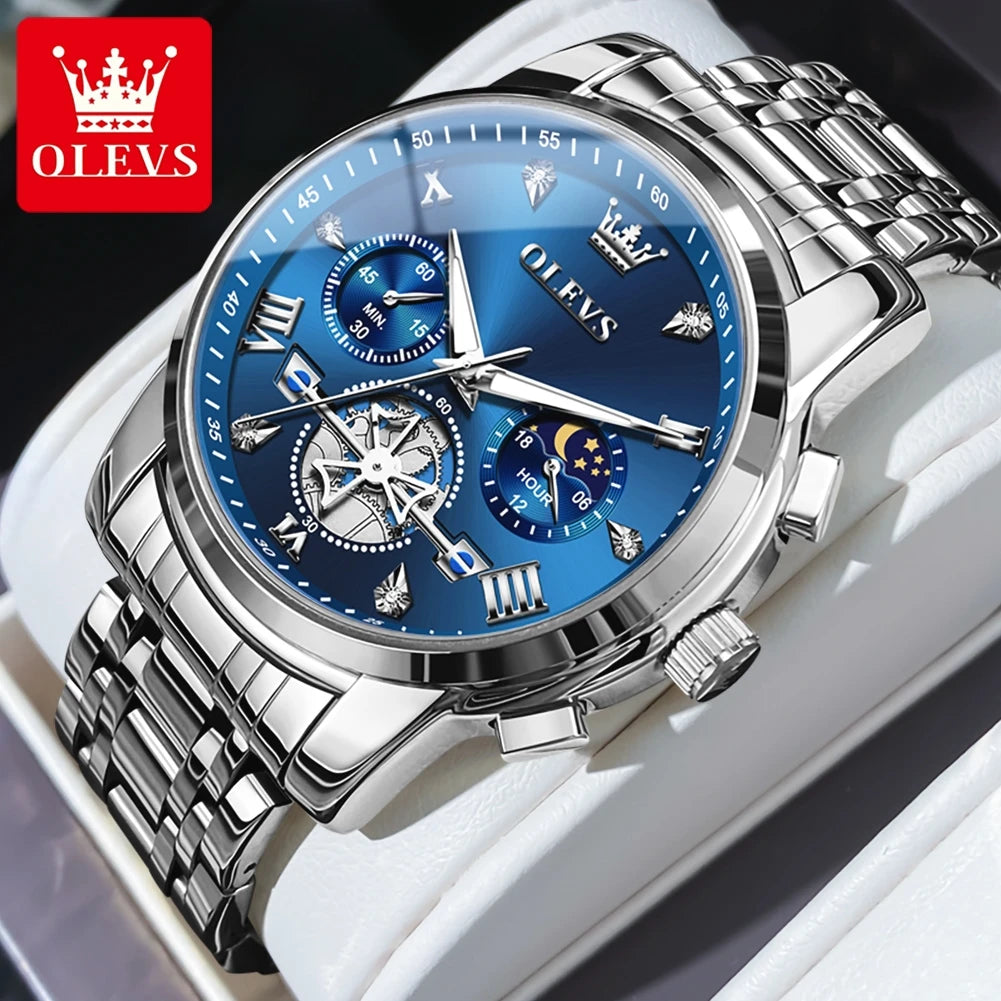 OLEVS Men's Watches Classic Multifunctional Fltwheel Chronograph Original Quartz Wristwatch Moon Phase 24 Hour Waterproof reloj - Bakyat Store