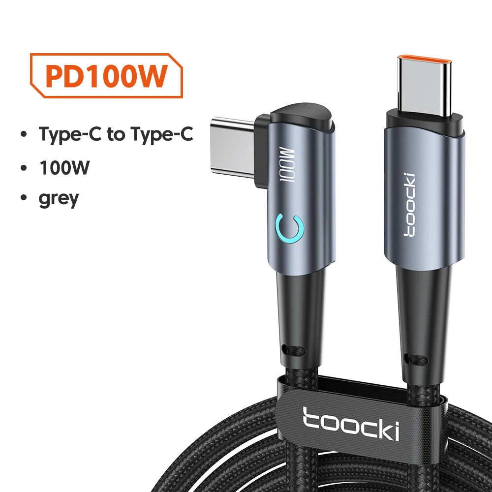 Toocki USB Type C to Type C Cable 90 Degree Angle for Xiaomi Samsung Huawei Macbook iPad 100W Fast Charge Type C Cable Data Wire - Bakyat Store