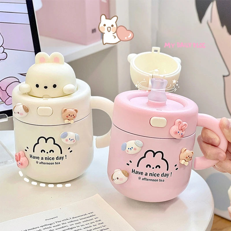 Kawaii Bear Coffee Thermal Cup Insulated Tumbler For Hot Cold Drinks Water Tea Thermos Mug Stainless Steel Cup With Straw Lid - Bakyat Store