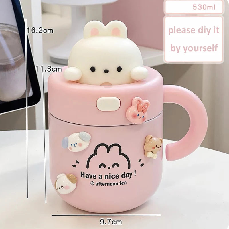 Kawaii Bear Coffee Thermal Cup Insulated Tumbler For Hot Cold Drinks Water Tea Thermos Mug Stainless Steel Cup With Straw Lid - Bakyat Store