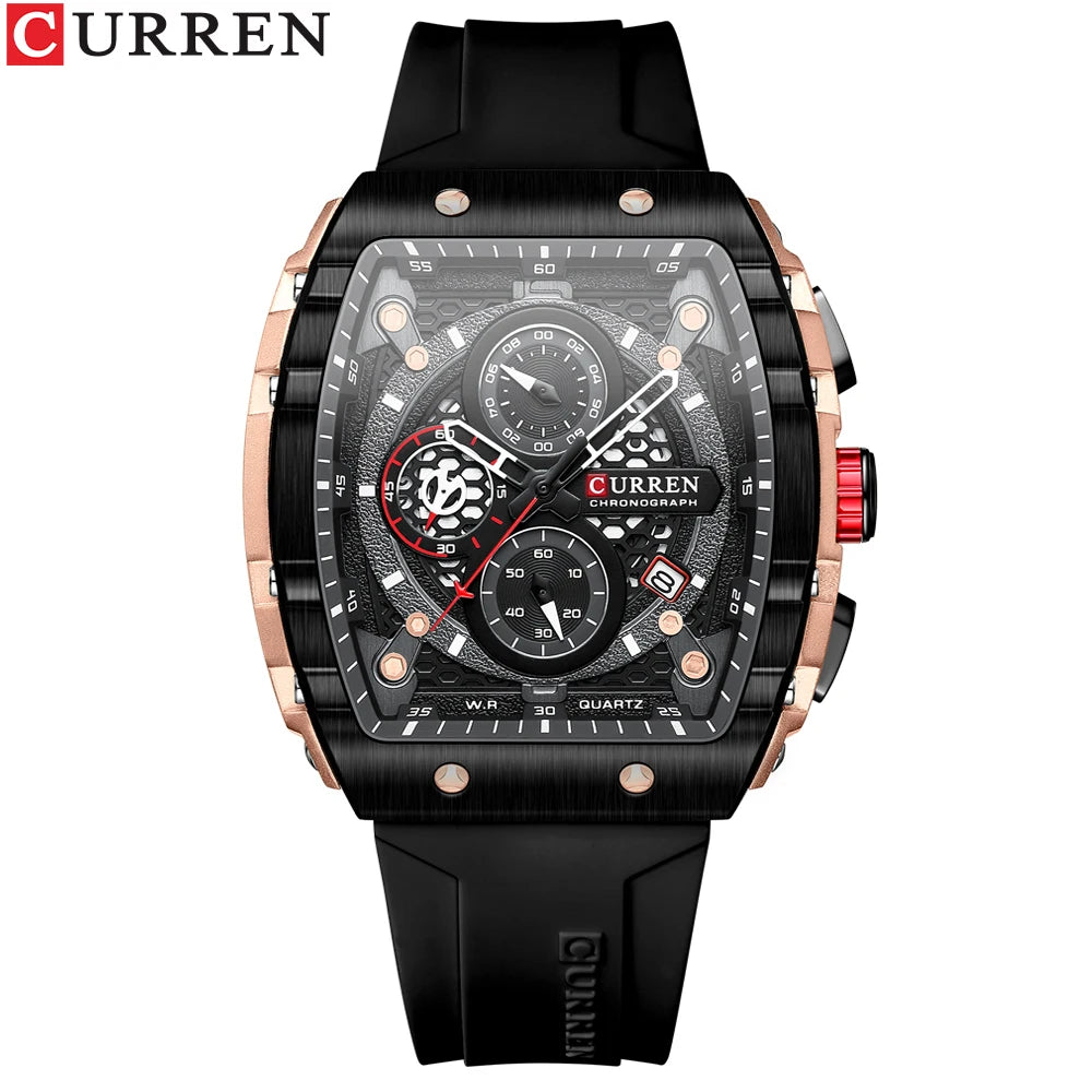 CURREN Sport Chronograph Quartz Watch for Men Fashion Blue Silicone Strap Tonneau Dial Wristwatch with Date 3atm Waterproof - Bakyat Store