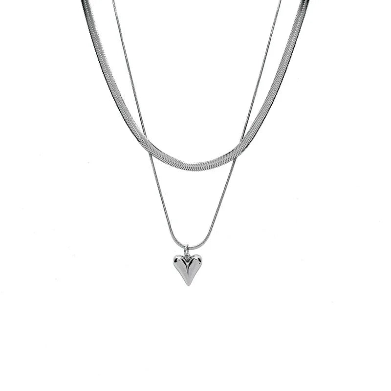 Double Layered Love Heart Pendant Necklace for Women Simple Neck Chain Jewelry - Bakyat Store