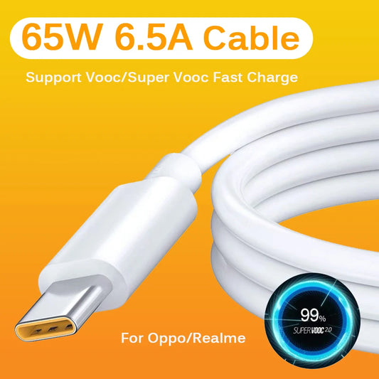 6.5A 65W USB Type C Super-Fast Charge Cable Super Vooc Dart Cord for Realme 9i 9 Pro 8 7 X7 X50 GT GT2 OPPO Find X5 X3 N Reno 7 - Bakyat Store