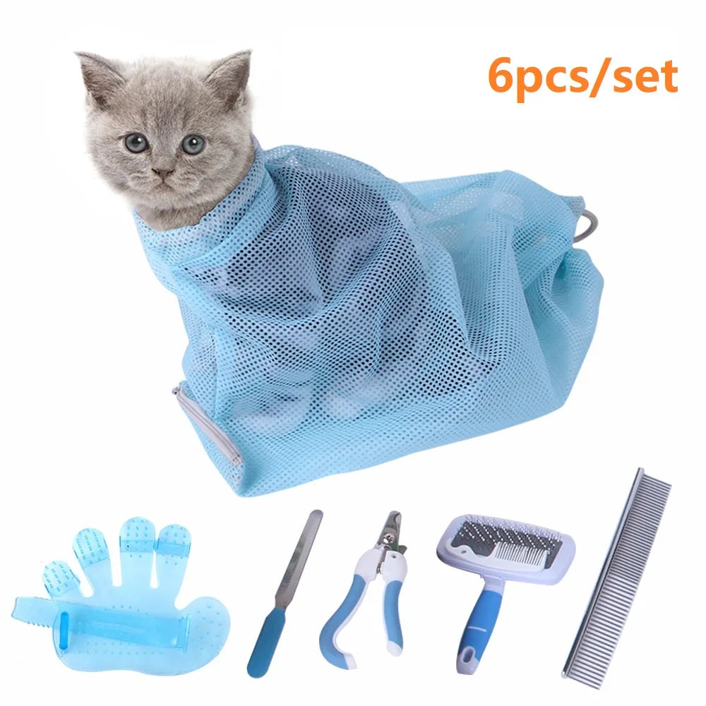 6pcs/lot Mesh Cat Grooming Set Bathing Bag Comb Glove Cats Washing Bags For Pet Nail Trimming Injecting Anti Scratch Bite - Bakyat Store