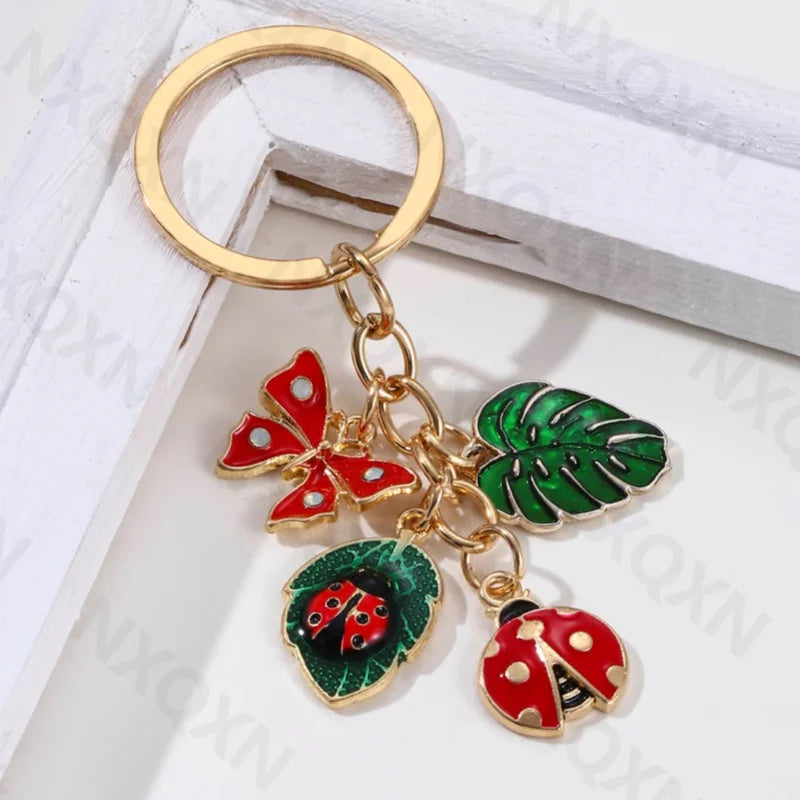 Cartoon Big Leaves Butterfly Ladybug Enamel Keychain - Bakyat Store