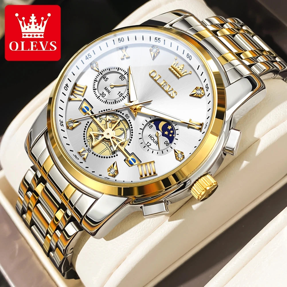 OLEVS Men's Watches Classic Multifunctional Fltwheel Chronograph Original Quartz Wristwatch Moon Phase 24 Hour Waterproof reloj - Bakyat Store