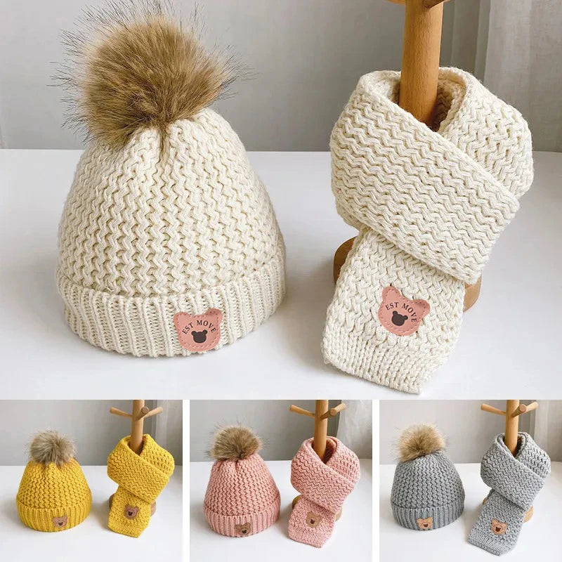 Plush Lining Baby Winter Hat Pompom Kids Beanie Scarf Fur Ball Bear - Bakyat Store