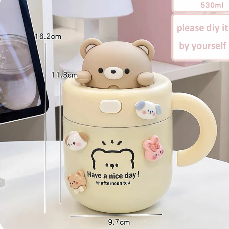 Kawaii Bear Coffee Thermal Cup Insulated Tumbler For Hot Cold Drinks Water Tea Thermos Mug Stainless Steel Cup With Straw Lid - Bakyat Store