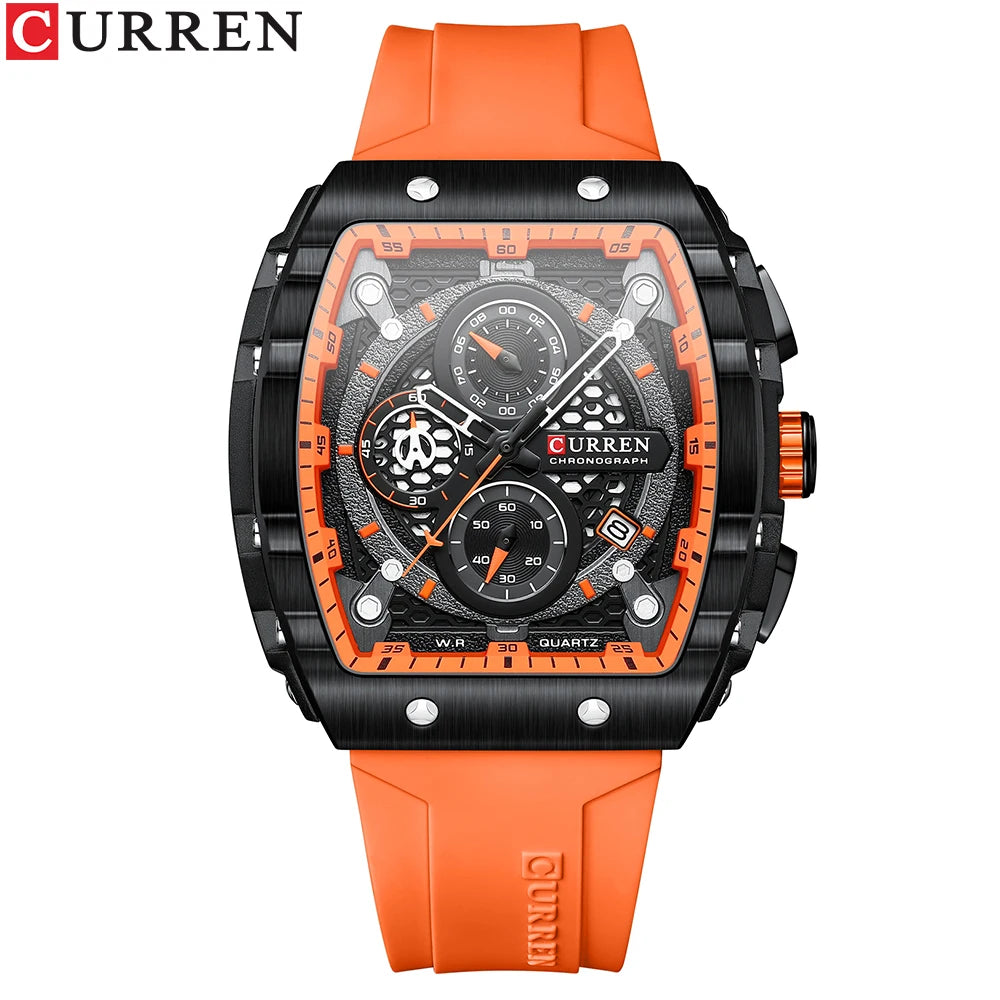 CURREN Sport Chronograph Quartz Watch for Men Fashion Blue Silicone Strap Tonneau Dial Wristwatch with Date 3atm Waterproof - Bakyat Store