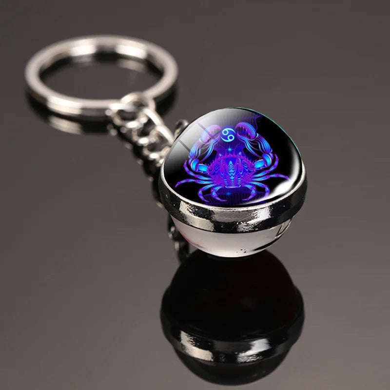 Creative 12 Constellation Key Ring Time Stone Double-Sided Glass Ball Metal Keychain - Bakyat Store