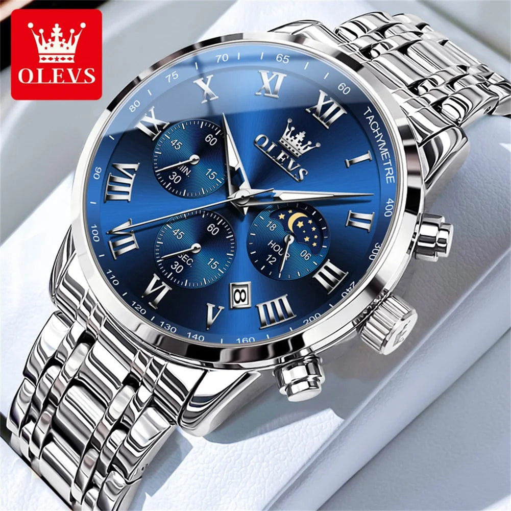 OLEVS 5529 Top Luxury Brand Men's Watch Waterproof Luminous Stainless Steel Lunar Phase Timing Code Watch New Quartz Men's Watch - Bakyat Store