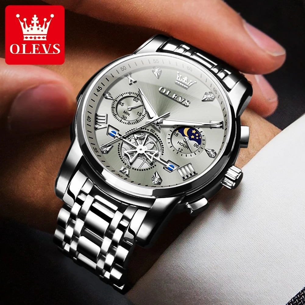 OLEVS Men's Watches Classic Multifunctional Fltwheel Chronograph Original Quartz Wristwatch Moon Phase 24 Hour Waterproof reloj - Bakyat Store