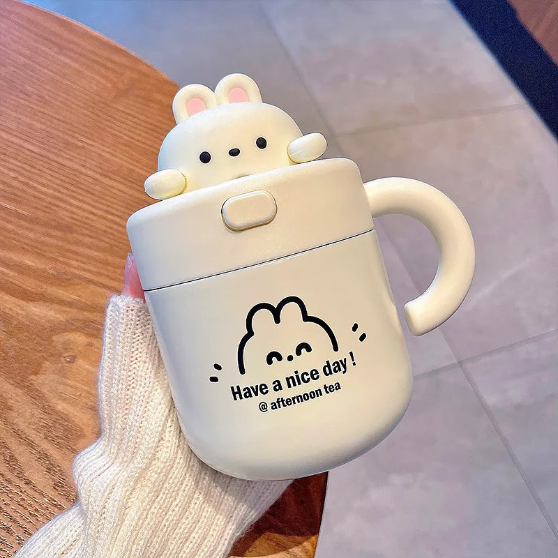 Kawaii Bear Coffee Thermal Cup Insulated Tumbler For Hot Cold Drinks Water Tea Thermos Mug Stainless Steel Cup With Straw Lid - Bakyat Store