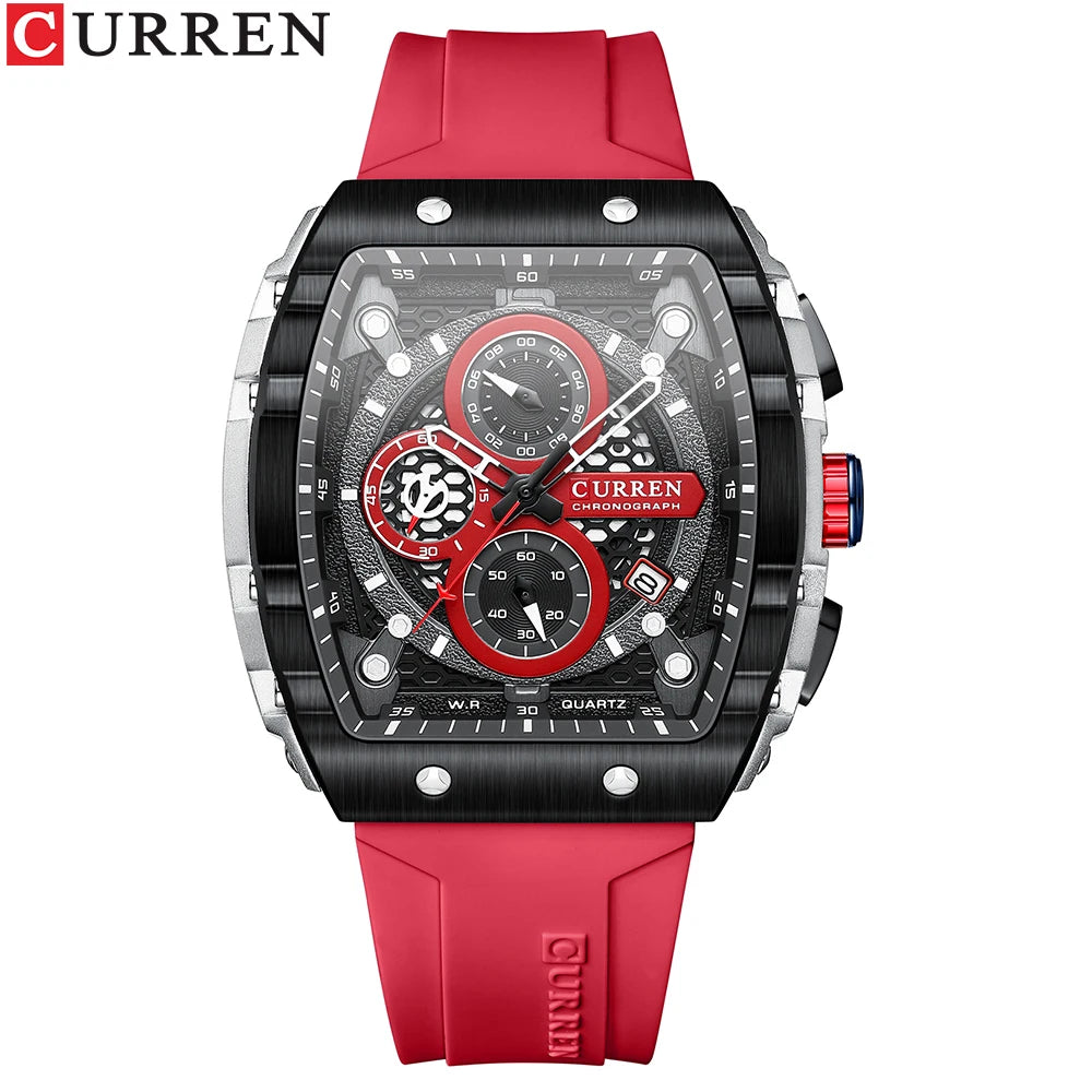 CURREN Sport Chronograph Quartz Watch for Men Fashion Blue Silicone Strap Tonneau Dial Wristwatch with Date 3atm Waterproof - Bakyat Store