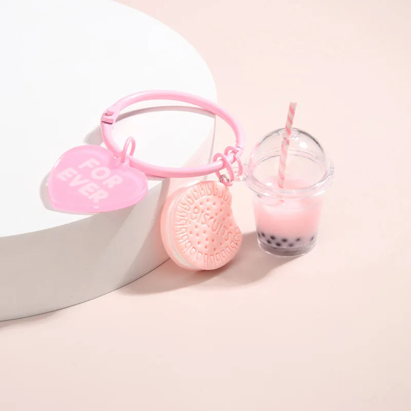 Cute Keychains Ice-cream Bubble Tea Biscuit Pink Key Rings - Bakyat Store