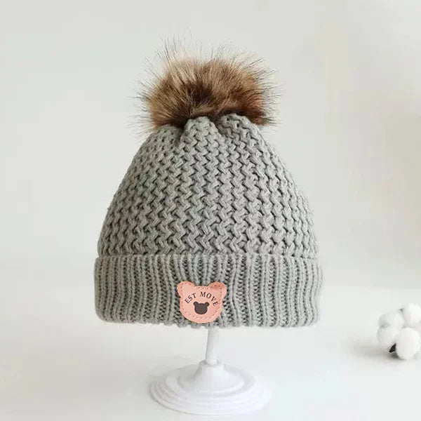 Plush Lining Baby Winter Hat Pompom Kids Beanie Scarf Fur Ball Bear - Bakyat Store