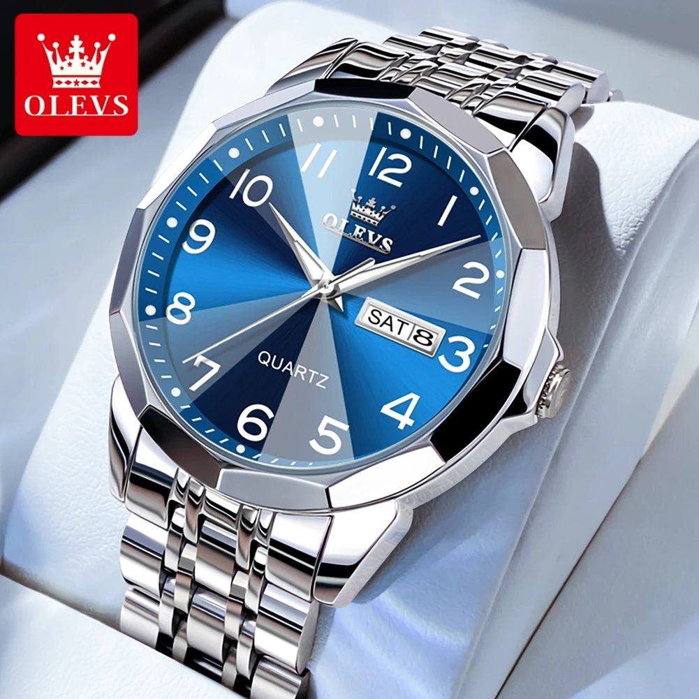 OLEVS Men's Watches Rhombus Mirror Original Quartz Watch for Man Waterproof Luminous Stainless Steel Wristwatch Male Date Week - Bakyat Store