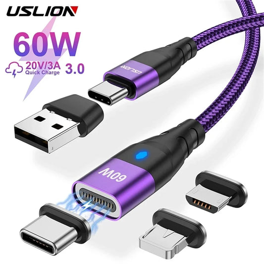 USLION 60W PD Fast Charger Cable USB C To Type C Micro Magnetic Data Cord 3A USB Cable For iPhone 13 Macbook Huawei Samsung S22 - Bakyat Store