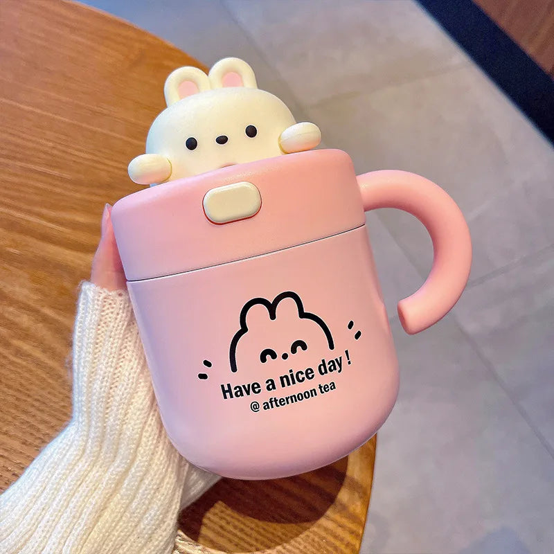 Kawaii Bear Coffee Thermal Cup Insulated Tumbler For Hot Cold Drinks Water Tea Thermos Mug Stainless Steel Cup With Straw Lid - Bakyat Store