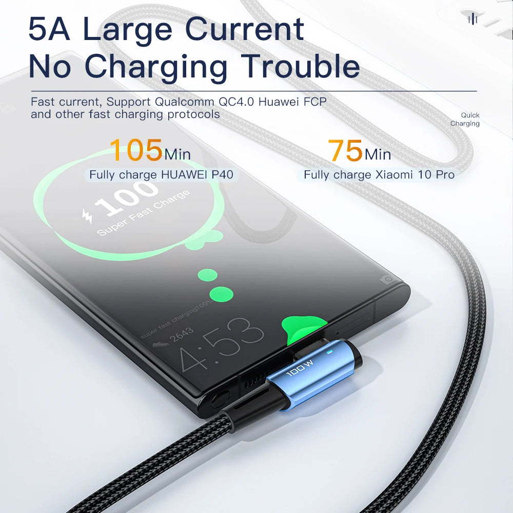 Essager 100W USB Type C To USB C Cable 90 Degree Angle For iPad MacBook Pro Xiaomi Samsung Huawei Fast Charging Type-C Date Wire - Bakyat Store