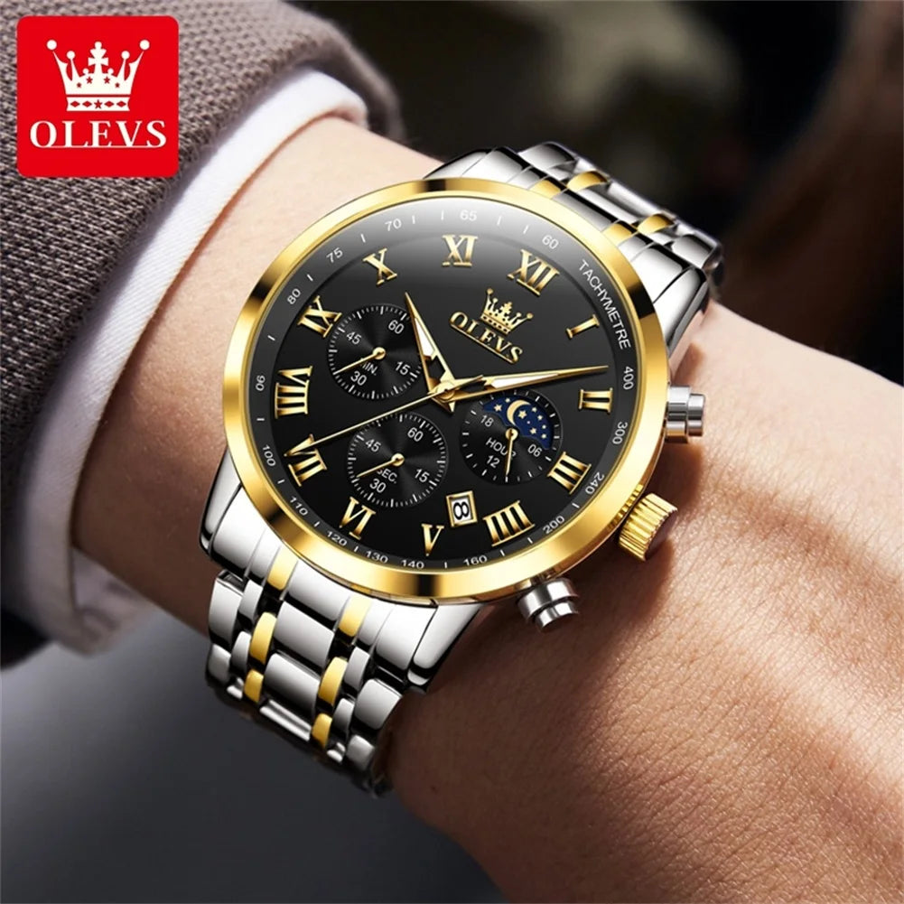 OLEVS 5529 Top Luxury Brand Men's Watch Waterproof Luminous Stainless Steel Lunar Phase Timing Code Watch New Quartz Men's Watch - Bakyat Store