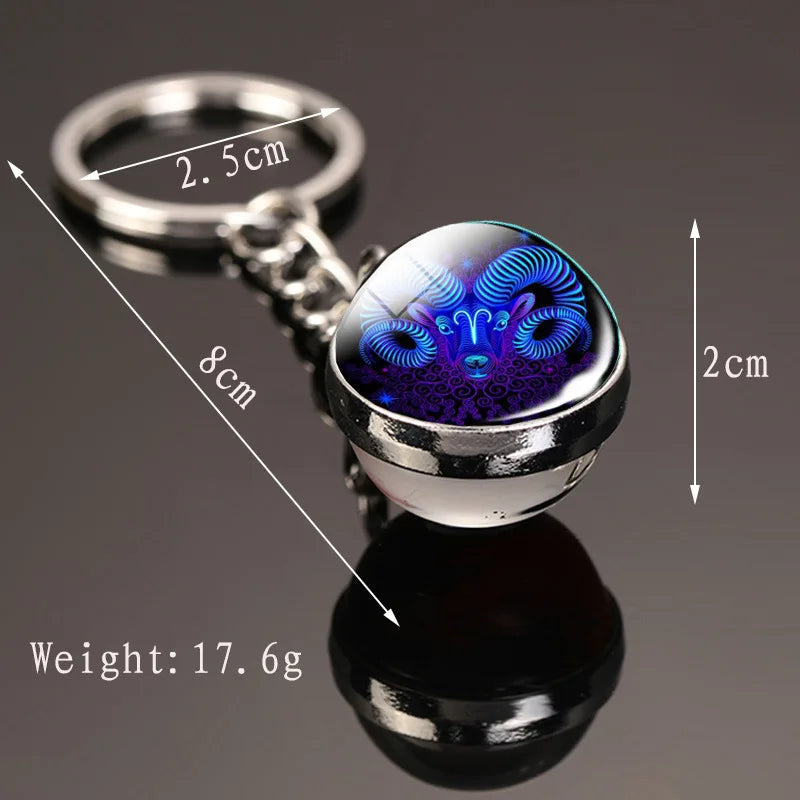 Creative 12 Constellation Key Ring Time Stone Double-Sided Glass Ball Metal Keychain - Bakyat Store