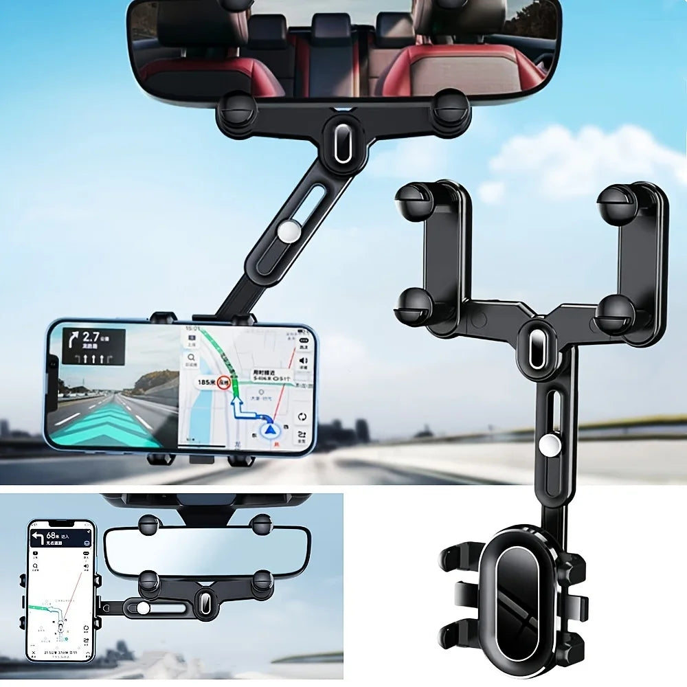 360° Car Rearview Mirror Mobile Phone Holder For Car Rotation & Adjustable Telescopic Multifunctional Phone Car Bracket Stands - Bakyat Store