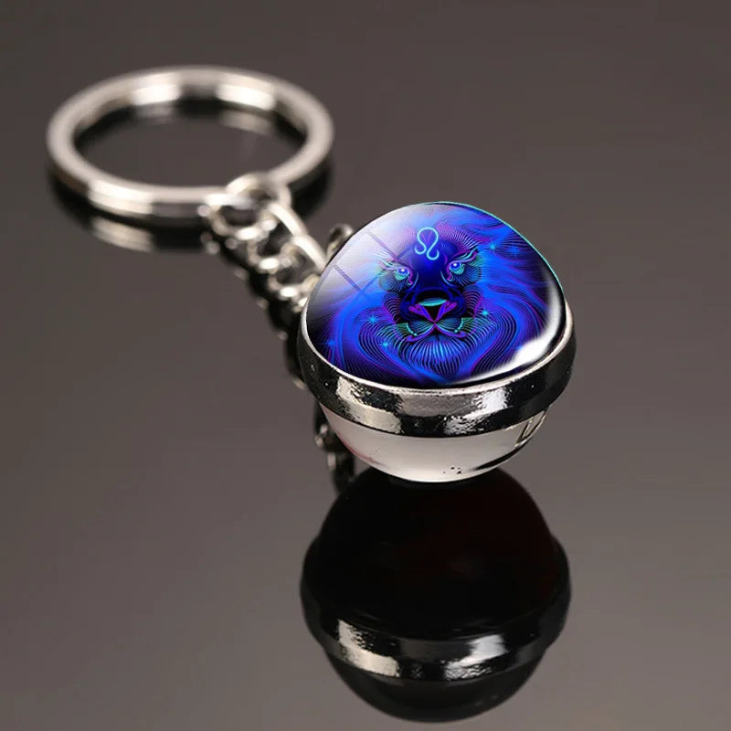 Creative 12 Constellation Key Ring Time Stone Double-Sided Glass Ball Metal Keychain - Bakyat Store