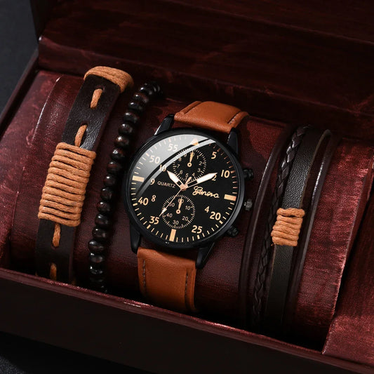 4/2/1pcs Men Sports Watches Set Man Business Quartz Wristwatch Luxury Brown Leather Bracelet Men Casual Clock Watch（no Box） - Bakyat Store